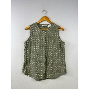 Lauren Brooke Button Front Vest Top Olive Green White Floral‎ Print Women's M